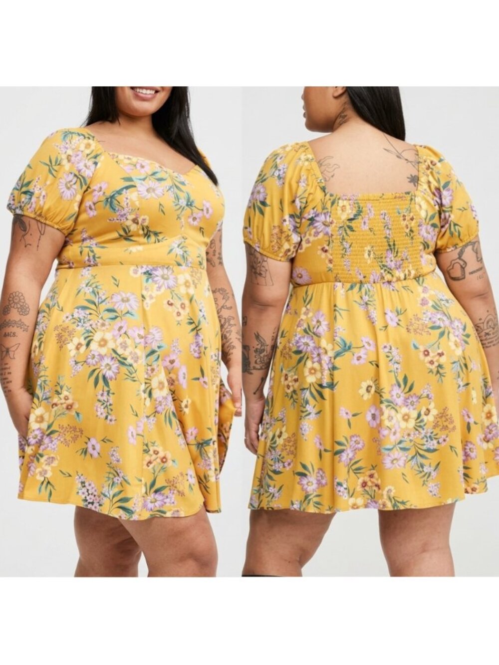 TORRID 00 Plus Size Mini Challis Skater Dress Mustard Yellow Floral Puff Sleeve